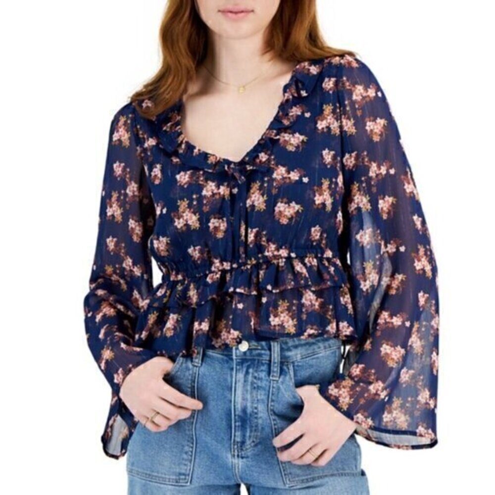 Self Esteem Floral Print Bell Sleeve Ruffle Top Size L NWT